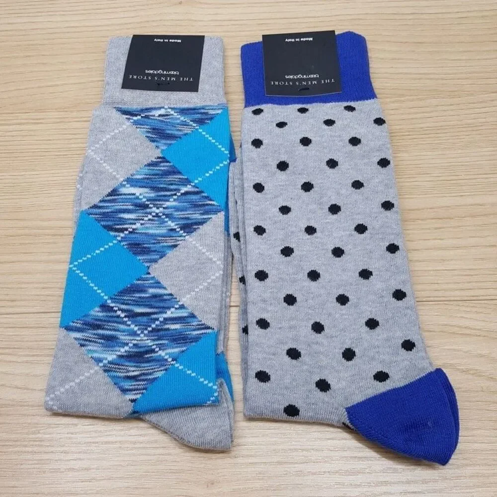 BLOOMINGDALES MENS STORE Crew Socks Sz 10-13 Blue Gray Argyle Diamond Dot Italy